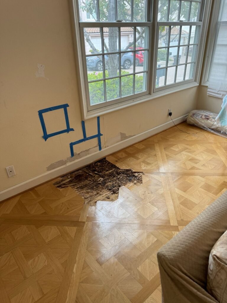 Parquet floor removed under a window, showing a rotted subfloor from a planter waterproofing leak in Bel Air