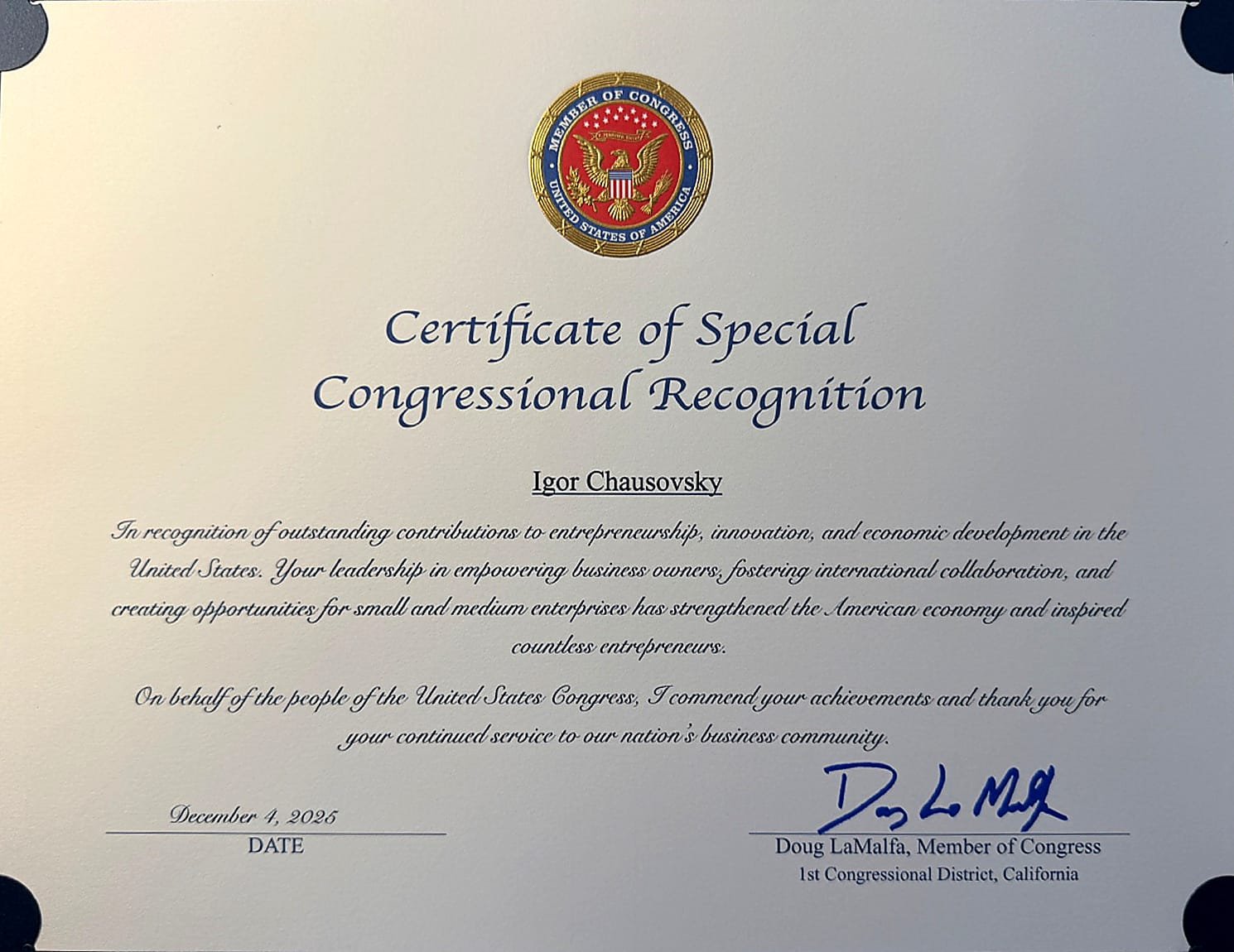 Complete Certificate of Special Congressional Recognition presented to Igor Chausovsky by Congressman Doug LaMalfa, December 4, 2025