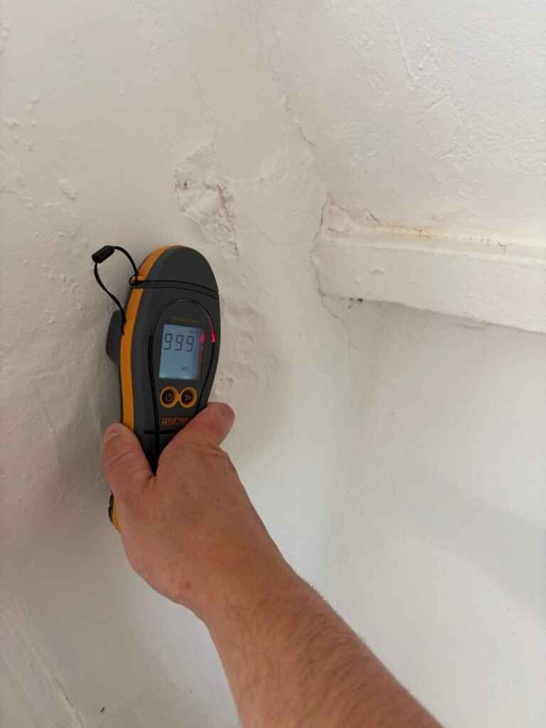 Moisture meter showing a wet reading on a wall after a roof leak in a Malibu beach house